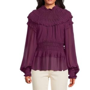 FARM RIO Women's XS Ruffled Peplum Top Blouse Burgundy 100% Viscose Long Sleeve